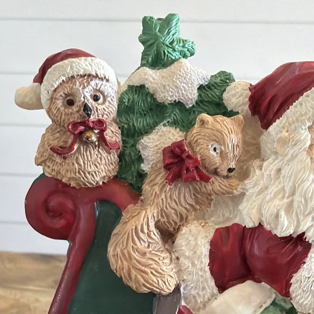 Cast Iron Base Santa On Sleigh With Birds Christmas Stocking Holder Vintage
